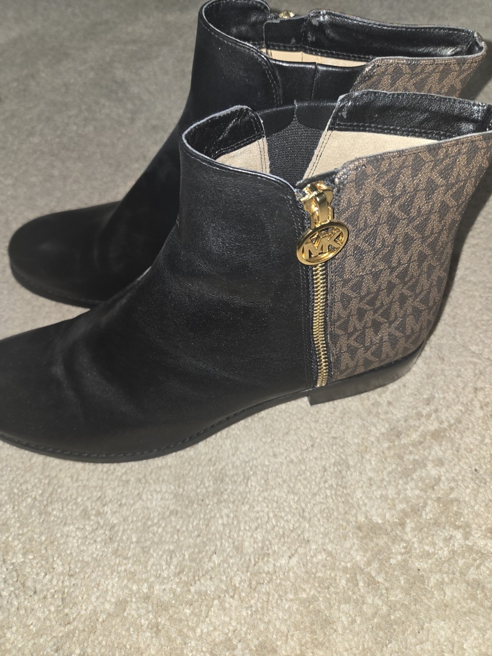 Michael Kors Black Leather Ankle Booties with Brown MK Logo Panel